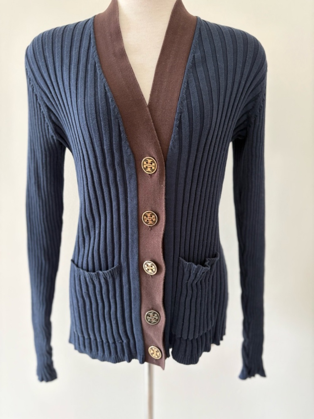 Tory Burch Navy Ribbed Cardigan | Gold Buttons | Size L (Fits M-L)